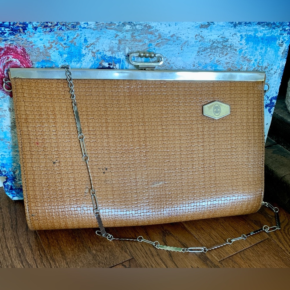 1940/1950s Reptile Tan Kiss Lock Frame 2 Zip Pockets Silver Chain Shoulder RARE